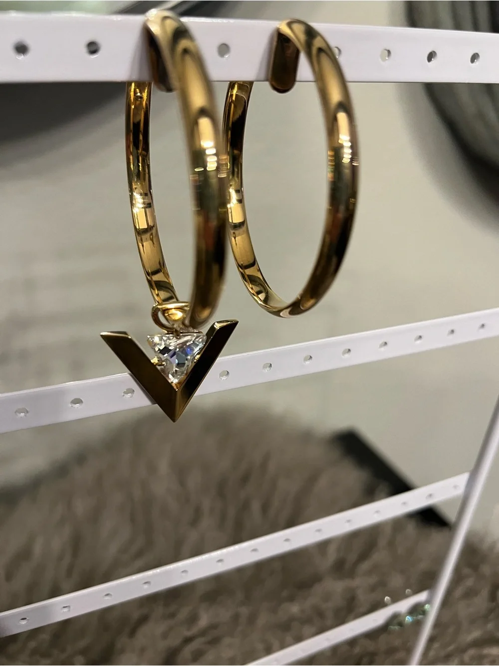 Valentino Garavani Gold Hoop Earrings with Triangle Crystal Charm “Je Les V”